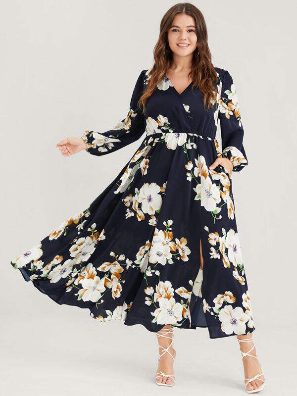 Bloom Dress - Floral Lantern Sleeve Pocket Split Surplice Neck Flutter Maxi Dress