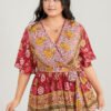 Floral Print Ruffles Belted Wrap Blouse