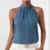 Blue Plain Sleeveless Halter Top