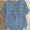 Women Causal Ruched Crew Neck Cotton And Linen Short Sleeve Summer Plain T-shirt