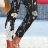 Flower Print Lace Mesh Side Legging