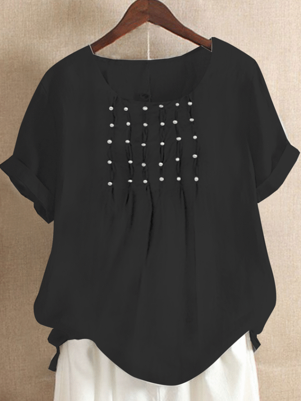 Women Causal Ruched Crew Neck Cotton And Linen Short Sleeve Summer Plain T-shirt