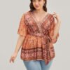 Floral Print Ruffles Belted Wrap Blouse