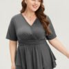 Plain Surplice Neck Gathered Ruffles Asymmetrical Hem T-shirt
