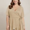 Plain Surplice Neck Tie Side Asymmetrical Hem T-shirt