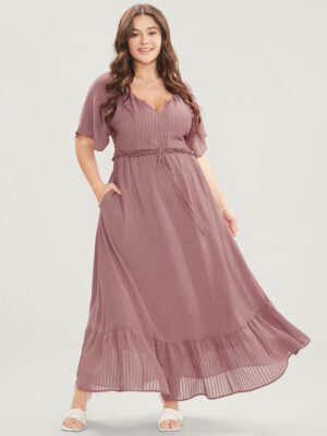 Solid Striped Notched Ties Up Pocket Flutter Maxi Dress