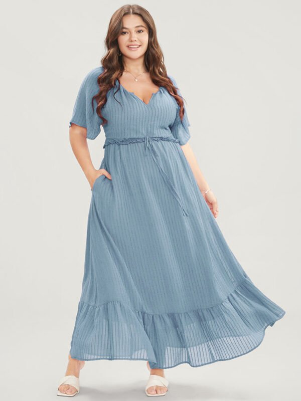 Solid Striped Notched Ties Up Pocket Flutter Maxi Dress