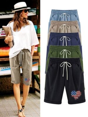 Women??s Independence Day Knee Length Bermuda Shorts Plus Size Casual Summer Loose Fit Long Shorts Elastic Waist Shorts with Pockets