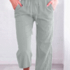 Women's Casual Summer Linen Pants High Waisted Loose Yoga Sweatpants Crop Pants with Pockets