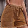 Women's Denim Shorts Frayed Raw Hem Ruffle Drawstring High Waist with Pockects