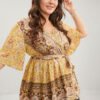 Floral Print Ruffles Belted Wrap Blouse