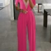 Plain Hollow Out Lace V Neck Short Sleeve Casual Jumpsuit