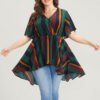 Striped Contrast Wrap Ruffles High Low Hem Blouse
