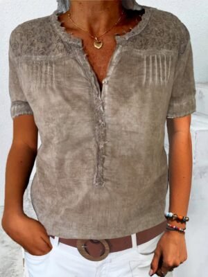 Women Elegant Lace Linen Loose V Neck Blouse