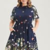 Floral & Butterfly Print Pocket Shirred Mock Neck Ruffles Dress