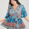 Floral Print Ruffles Belted Wrap Blouse