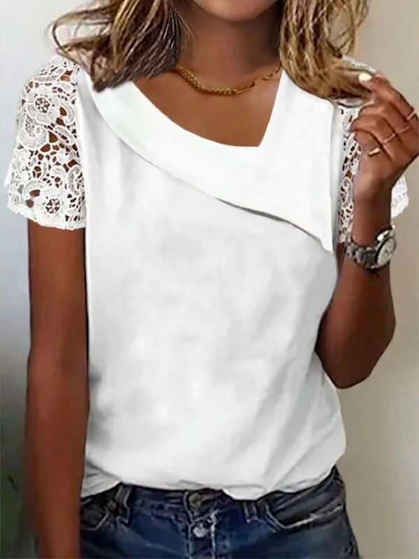 Plain Lace Short Sleeve Asymmetrical Collar Casual Shirt