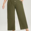 Plain Pocket Mid Rise Button Detail Elastic Waist Pants
