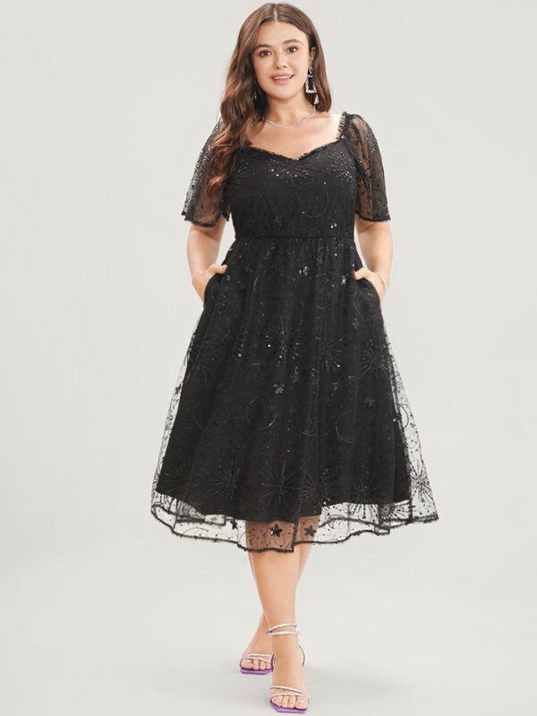 Moon And Star Sequin Detail Pocket Mesh Midi Dress