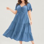 Plain Ruched Drawstring Pocket Ruffle Tiered Dress