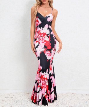 Women Sleeveless Flower Printed Slim Fit Fishtail Backless Maxi Dresses/1-1-1-1-1