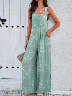 Women Casual Printed Wide Leg Jumpsuit with Pocket / 1-1-1-1