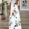 Women's Floral Printed Short Sleeve V-neck Maxi Dress