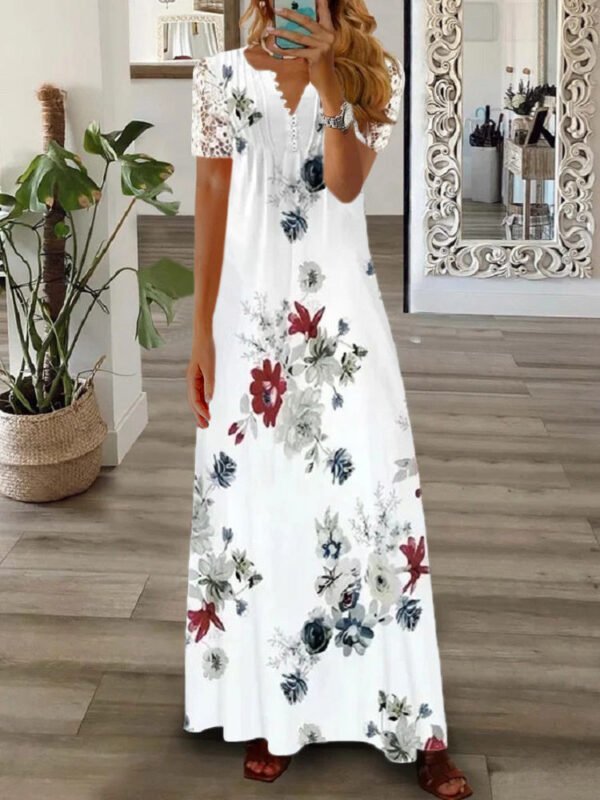 Women's Floral Printed Short Sleeve V-neck Maxi Dress