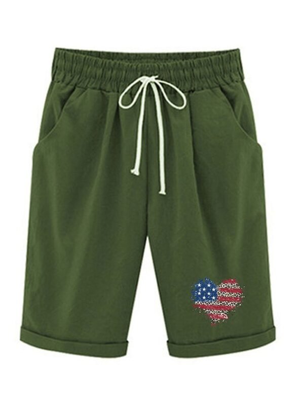 Women??s Independence Day Knee Length Bermuda Shorts Plus Size Casual Summer Loose Fit Long Shorts Elastic Waist Shorts with Pockets