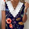 Women's Short Sleeve V Neck Lace Floral Printed Fashion Casual Top
