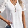 V Neck Buckle Polyester Cotton Casual Blouse