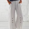 Women Front Slit Buckle Linen Cotton Loose Plain Pants