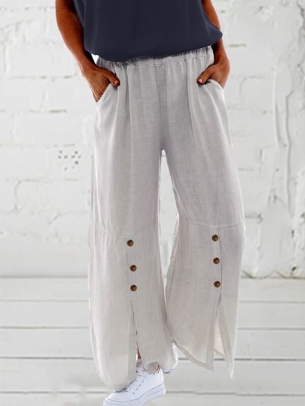 Women Front Slit Buckle Linen Cotton Loose Plain Pants