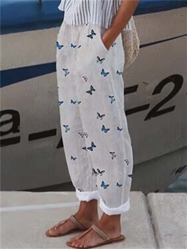 Women's Wide Leg Pants Trousers Faux Linen White Light Green Pink Casual Holiday Weekend Side Pockets Full Length Comfort Floral S M L XL XXL