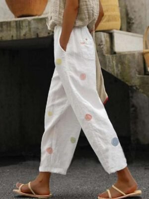 Women's Pants Trousers Faux Linen Black White Dark Gray Fashion Casual Weekend Side Pockets Full Length Comfort Polka Dot S M L XL XXL